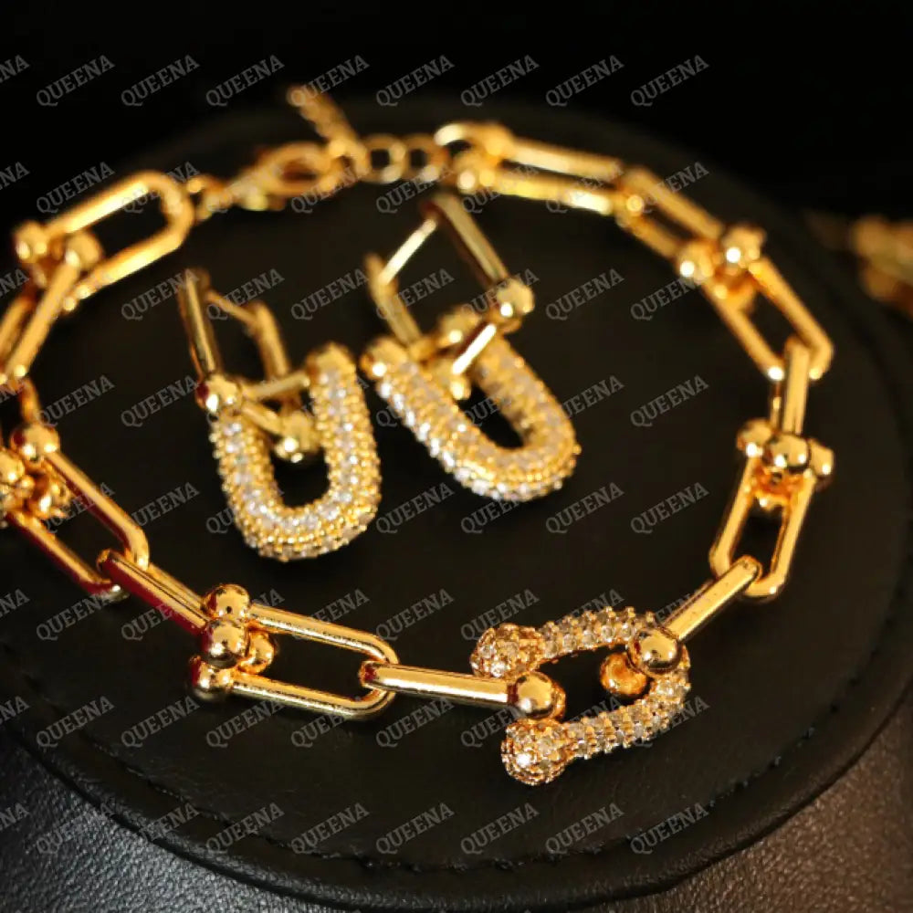 Luxury TEFFANIA JEWELRY FULL SET 3 Pieces Golden Paperlink Chain Studded with Gold Zircon Stones - High Quality 18k