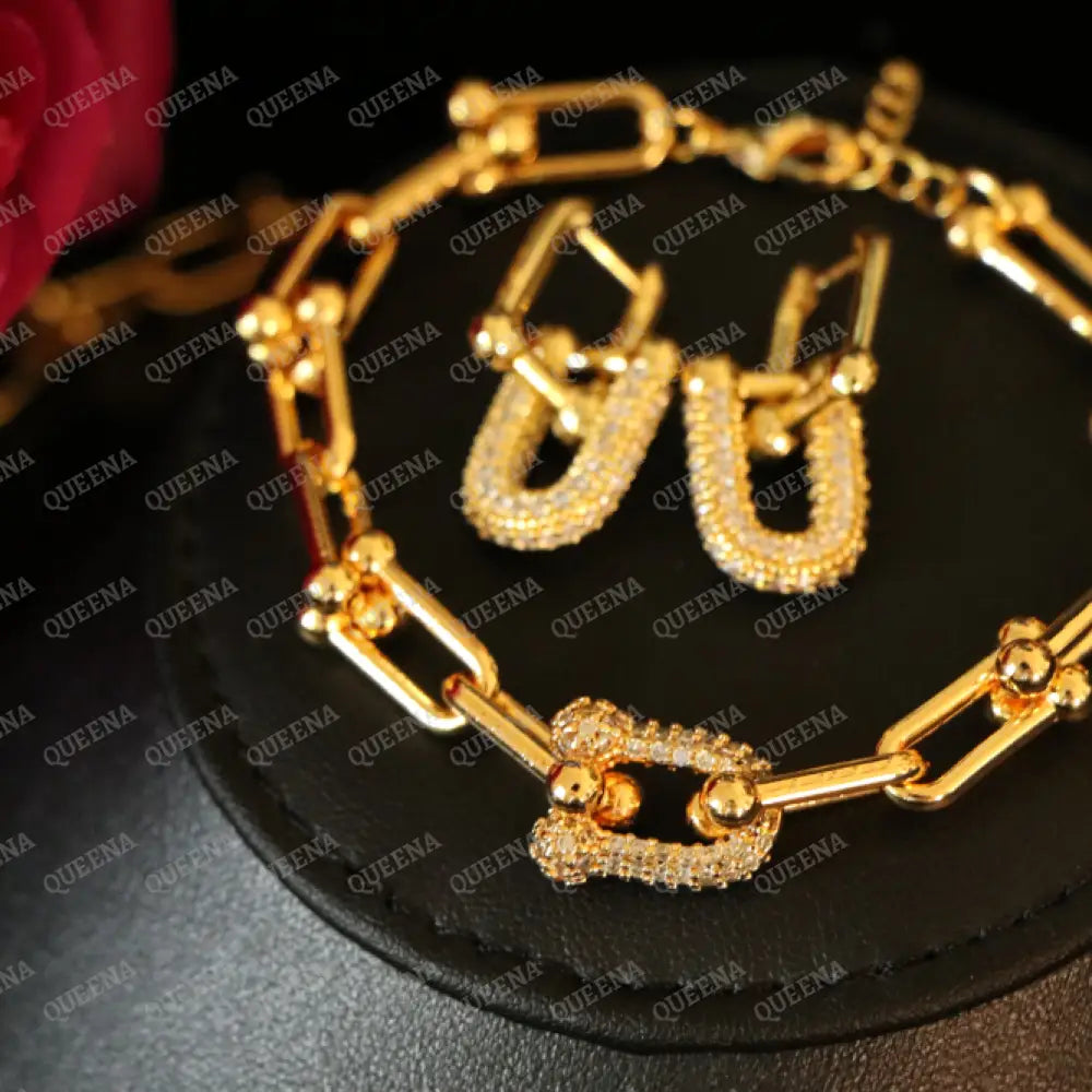 Luxury TEFFANIA JEWELRY FULL SET 3 Pieces Golden Paperlink Chain Studded with Gold Zircon Stones - High Quality 18k