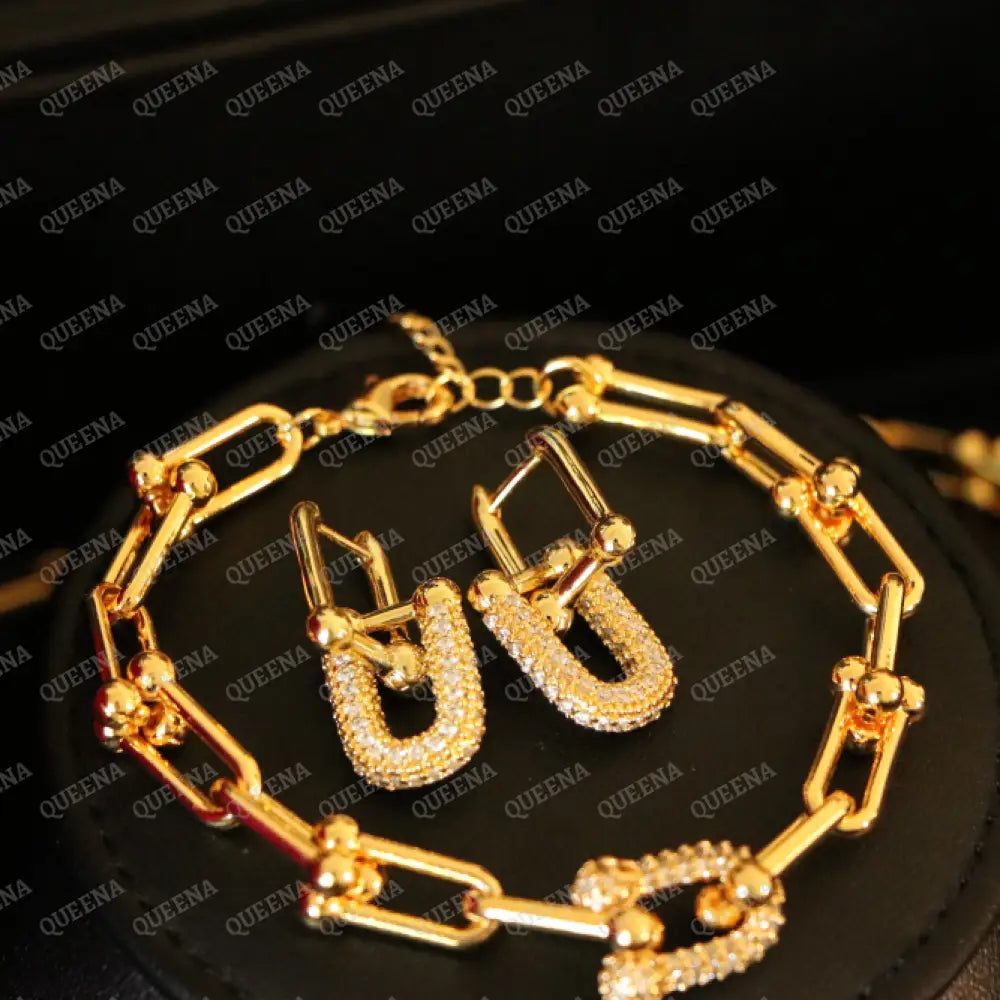 Luxury TEFFANIA JEWELRY FULL SET 3 Pieces Golden Paperlink Chain Studded with Gold Zircon Stones - High Quality 18k