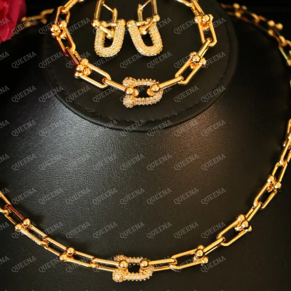 Luxury TEFFANIA JEWELRY FULL SET 3 Pieces Golden Paperlink Chain Studded with Gold Zircon Stones - High Quality 18k