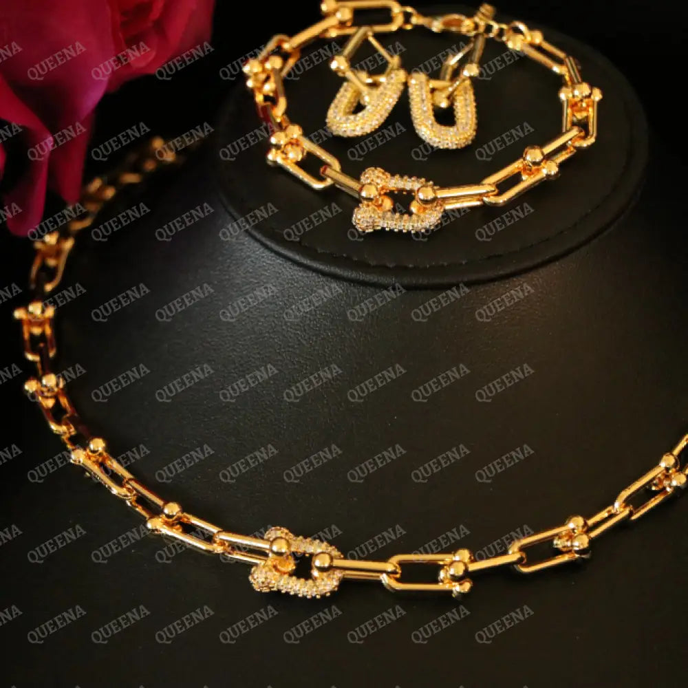Luxury TEFFANIA JEWELRY FULL SET 3 Pieces Golden Paperlink Chain Studded with Gold Zircon Stones - High Quality 18k