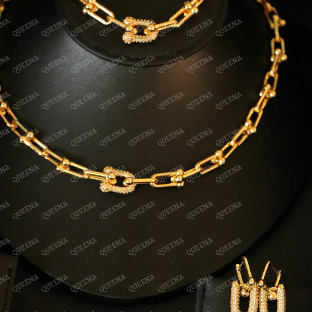 Luxury TEFFANIA JEWELRY FULL SET 3 Pieces Golden Paperlink Chain Studded with Gold Zircon Stones - High Quality 18k