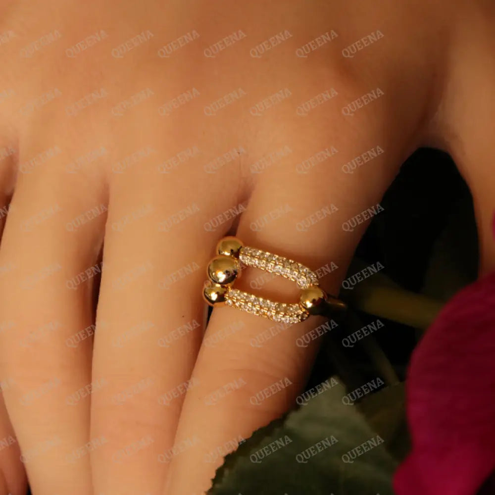 Luxury TEFFANIA Ring Golden Large link Studded with GOLD Zircon Stones - Adjustable (Free Size) Rings