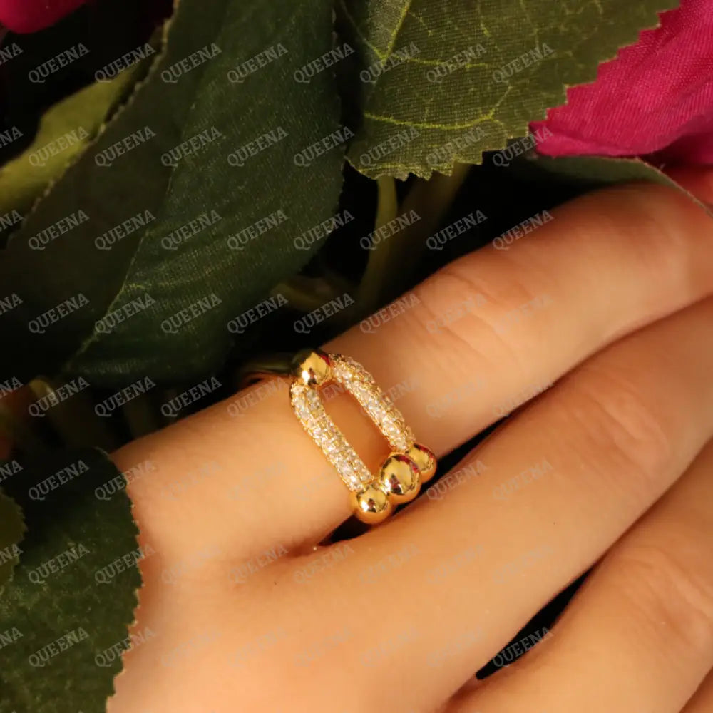 Luxury TEFFANIA Ring Golden Large link Studded with GOLD Zircon Stones - Adjustable (Free Size) Rings