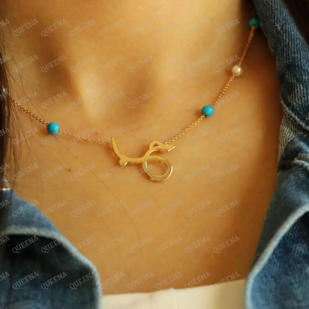 Necklace (حب) Love Word In Arabic Calligraphy With Blue & Pearls Beads Necklaces