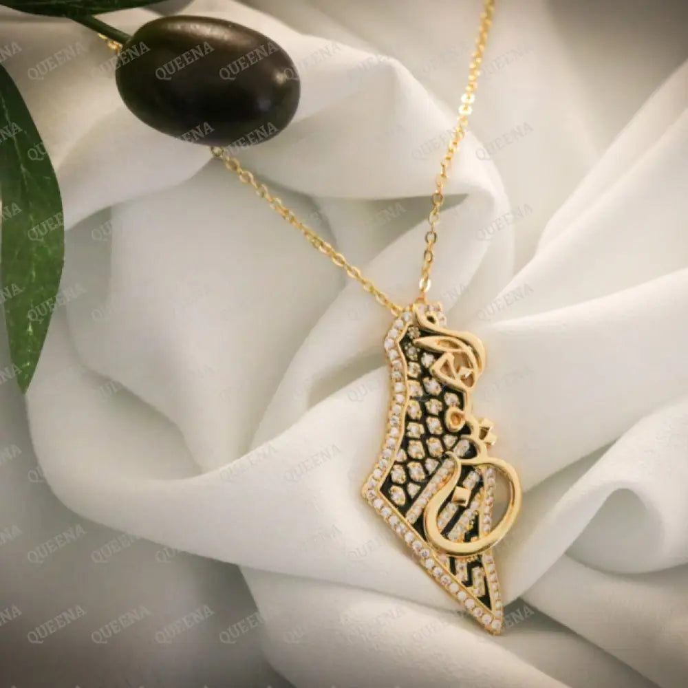 Raj3een Necklace - Luxury Golden Zircon Country Map with Palestinian keffiyeh colors - Pendant Necklace Necklaces