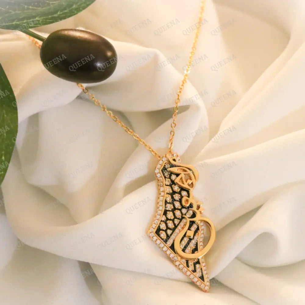 Raj3een Necklace - Luxury Golden Zircon Country Map with Palestinian keffiyeh colors - Pendant Necklace Necklaces
