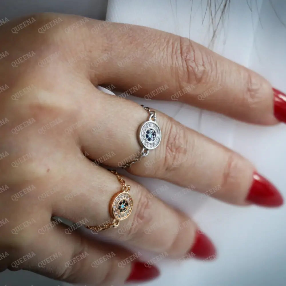 Round Disc Blue Evil Eye Charm Delicate Chain Ring Rings