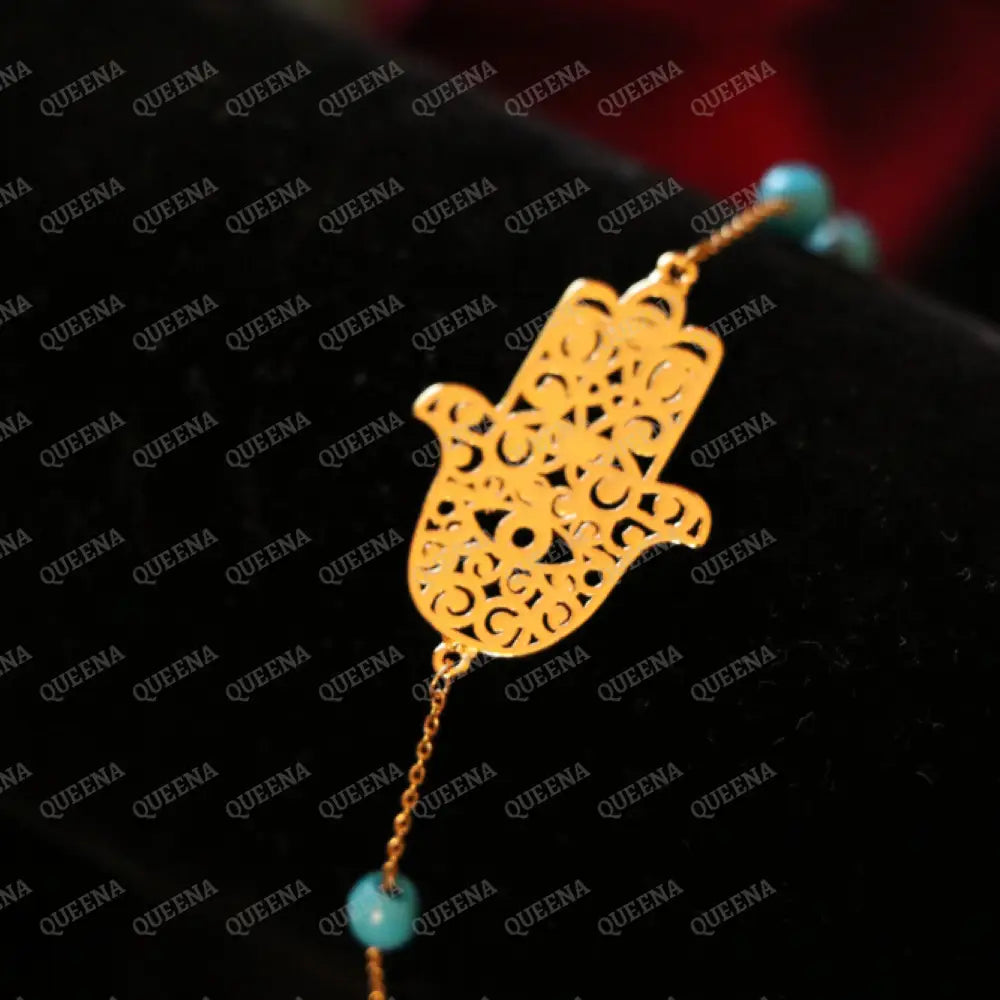 Simple Golden Hamsa Hand Bracelet with Blue Beads Bracelet