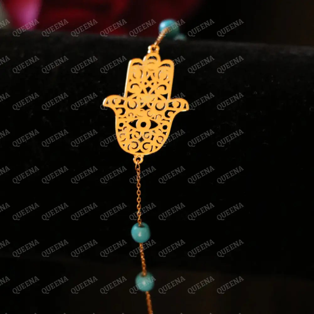 Simple Golden Hamsa Hand Bracelet with Blue Beads Bracelet