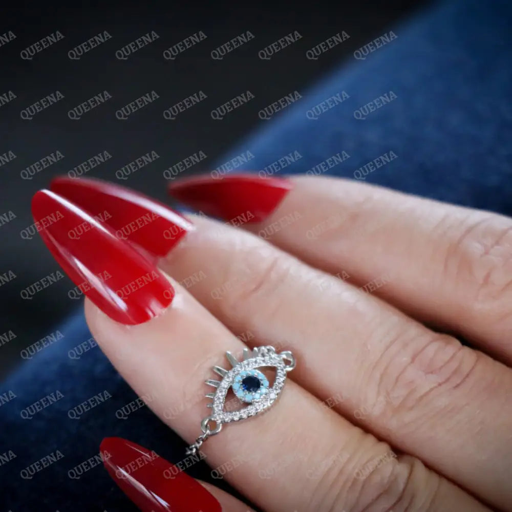 Sky Blue Evil Eye Lash Charm Zircon Delicate Chain Ring Rings