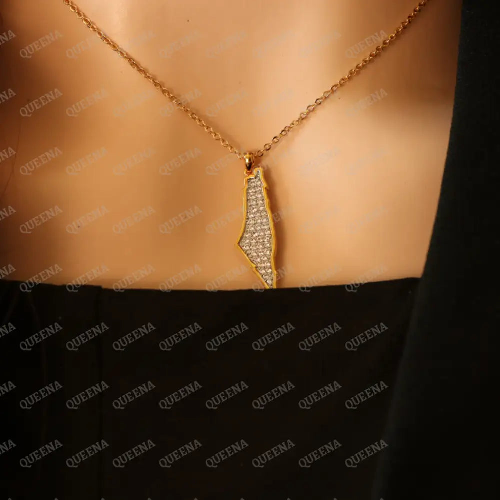 Small Golden PALESTINE Country Map Necklace Studded with full Diamonds Necklaces