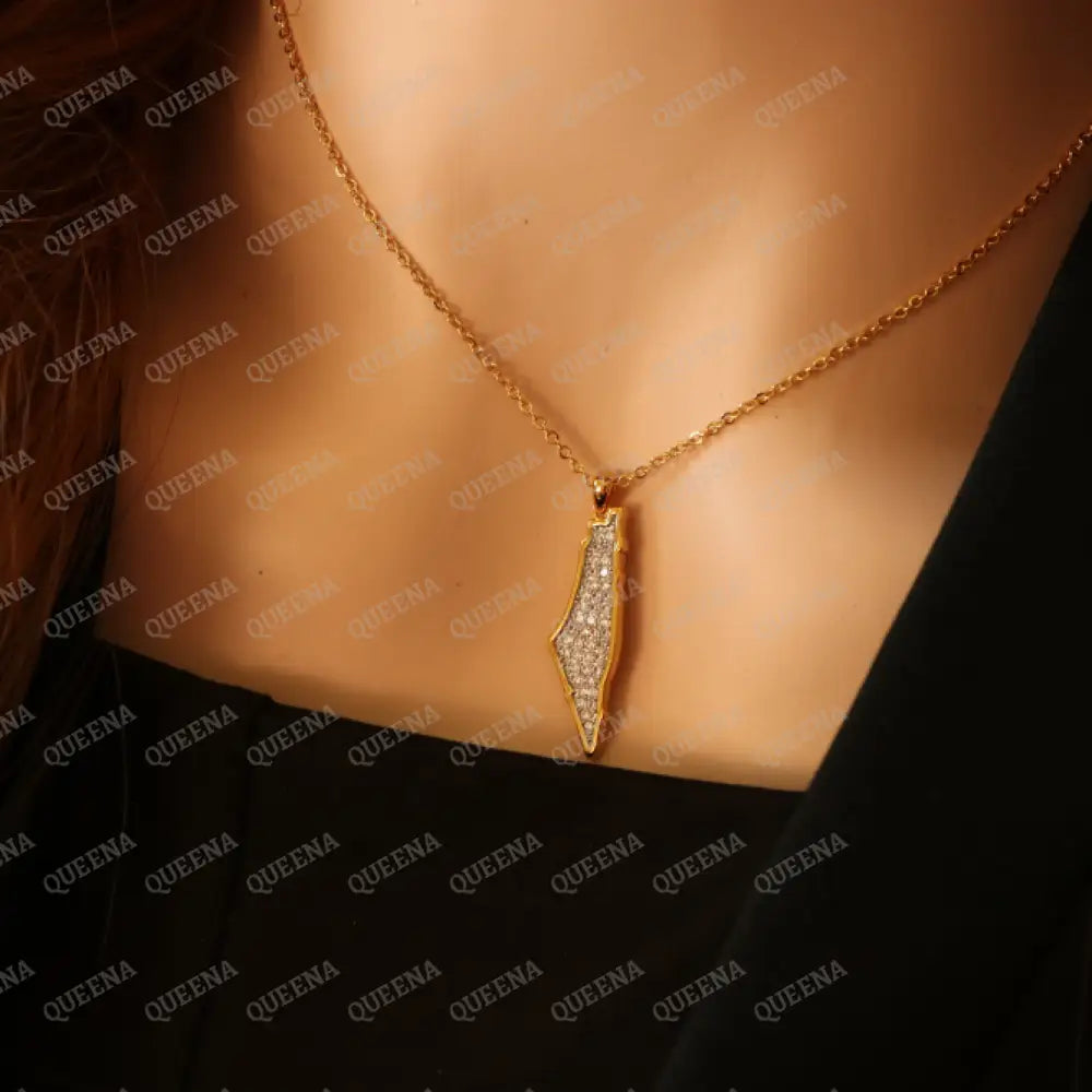 Small Golden PALESTINE Country Map Necklace Studded with full Diamonds Necklaces