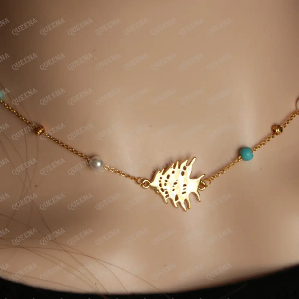 The Cedar of Lebanon Golden Necklace (أرزه لبنان) with Pearls and Blue Beads - Unique Design Bracelet