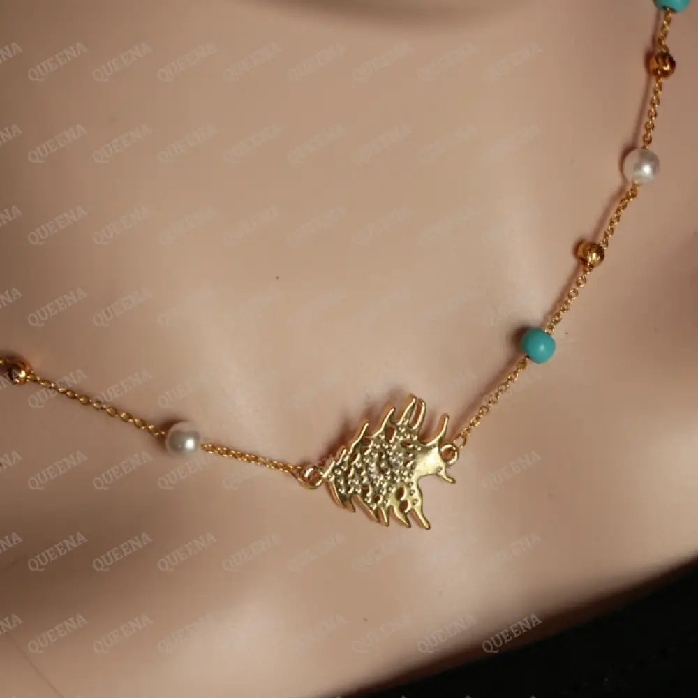 The Cedar of Lebanon Golden Necklace (أرزه لبنان) with Pearls and Blue Beads - Unique Design Bracelet