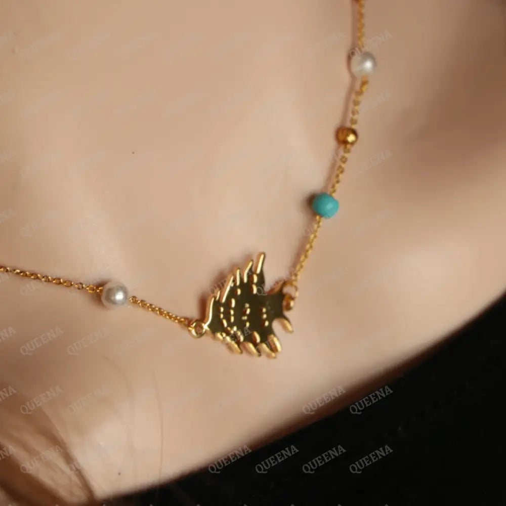 The Cedar of Lebanon Golden Necklace (أرزه لبنان) with Pearls and Blue Beads - Unique Design Bracelet