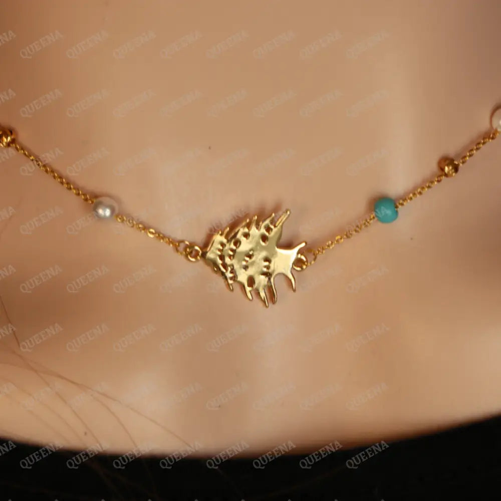 The Cedar of Lebanon Golden Necklace (أرزه لبنان) with Pearls and Blue Beads - Unique Design Bracelet
