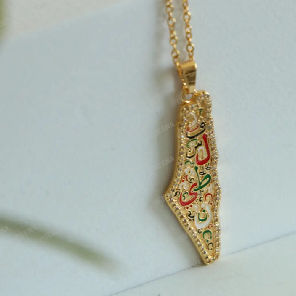 Zircon Country Map Necklace Written On It (Falasteen) Palestine Letters In Arabic Calligraphy In