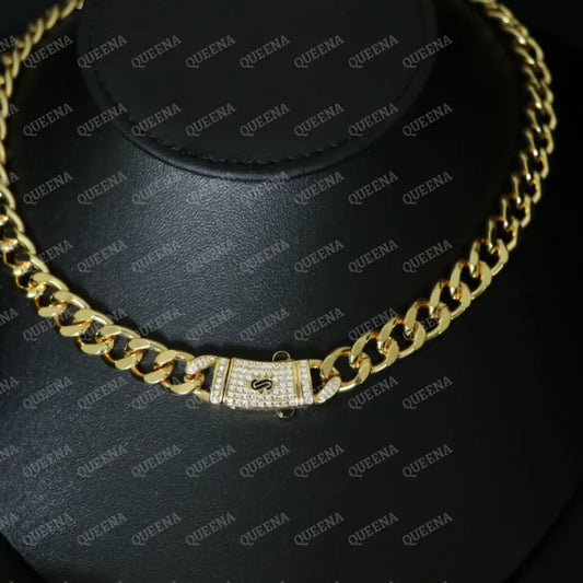 18K Gold Plated Monaco Golden Chain Choker Necklace With Edge Pave Lock Necklaces