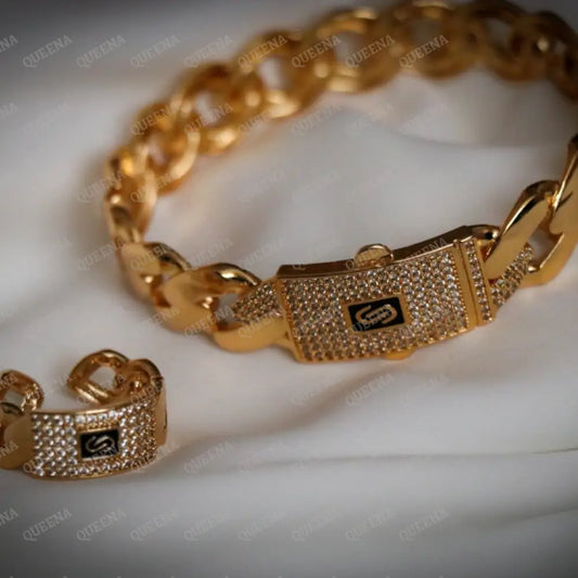 18K Gold Plated Monaco Golden Half Set With Edge Pave Lock (Bracelet & Ring) Jewelry Sets