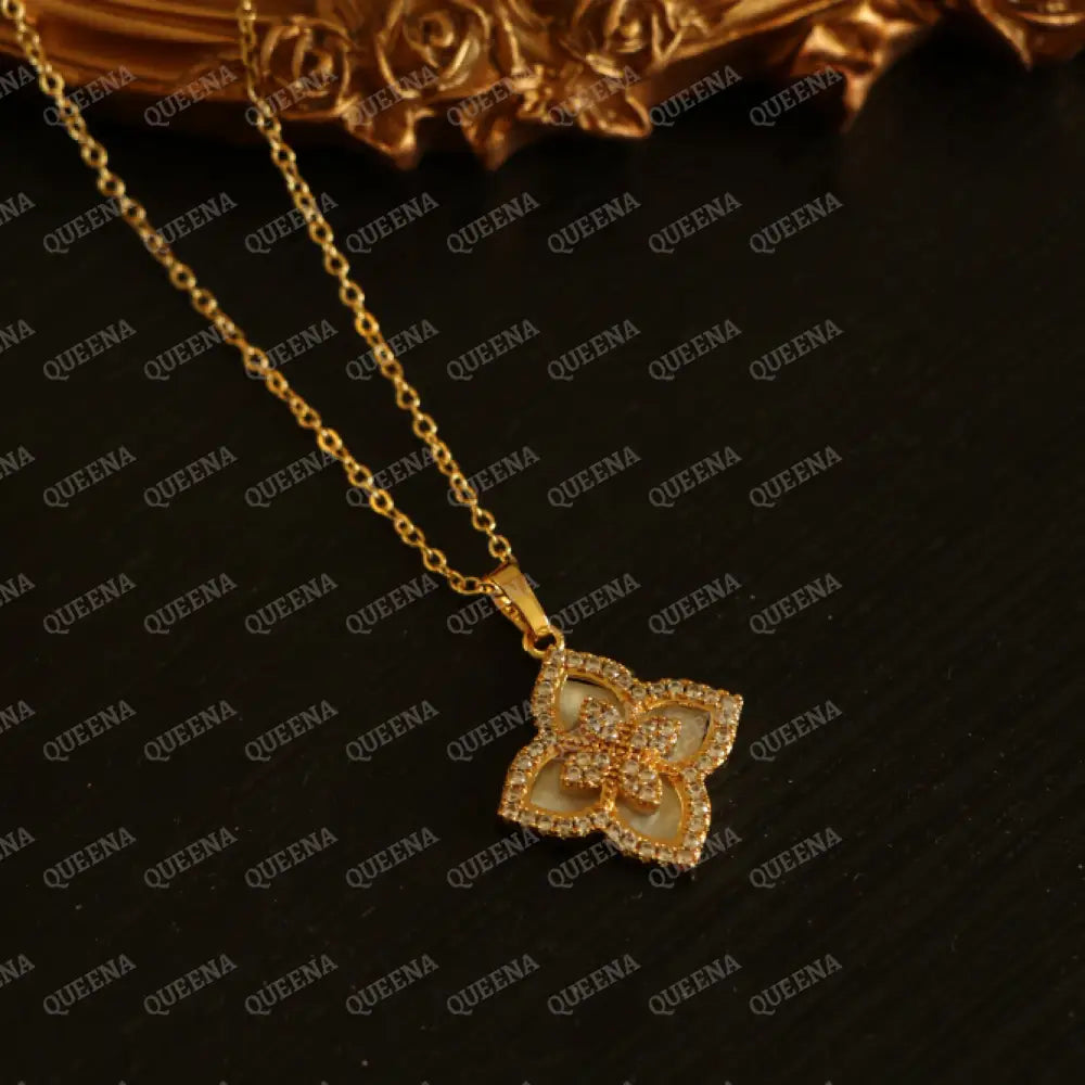 18K Gold Plated Princess Flower Zircon & White Pendent Necklace Necklaces