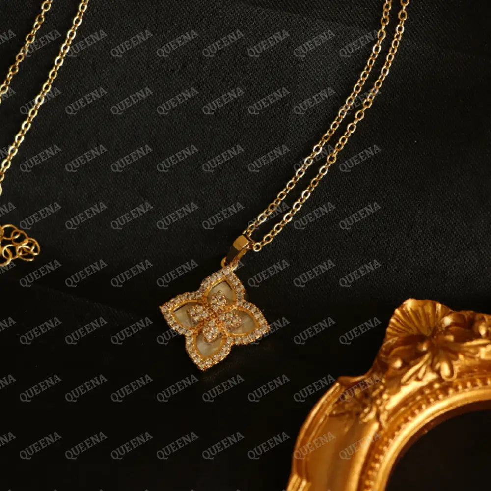 18K Gold Plated Princess Flower Zircon & White Pendent Necklace Necklaces