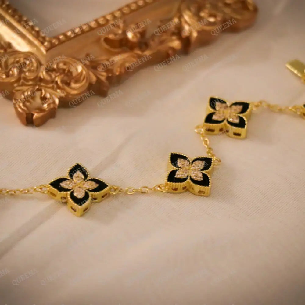 18K Gold Plated Princess Flowers & Black Bracelet