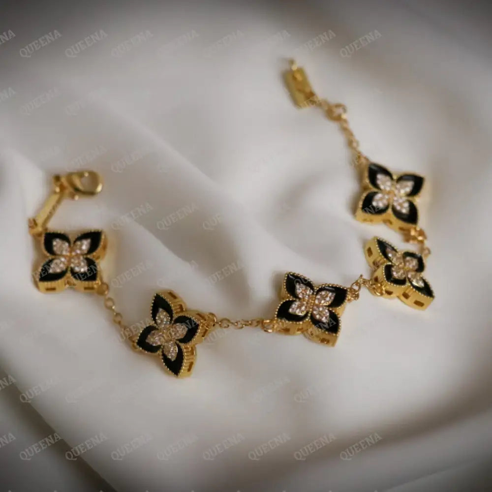 18K Gold Plated Princess Flowers & Black Bracelet