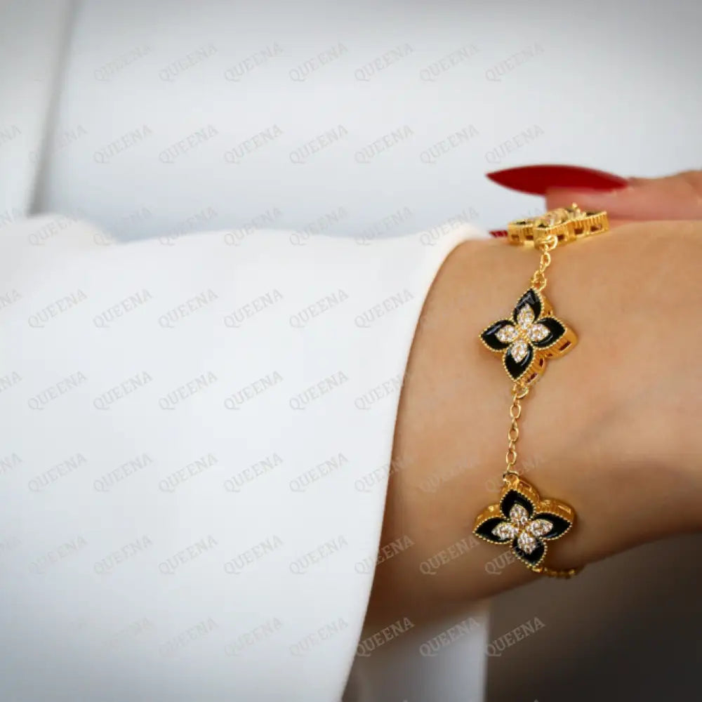 18K Gold Plated Princess Flowers & Black Bracelet