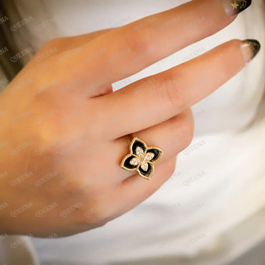 18K Gold Plated Princess Flowers & Black Ring Rings