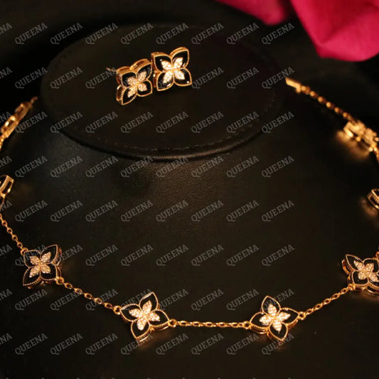 18k Gold Plated Roberto Princess Flowers Gold & Black Jewelry Set (Choker Necklace + Earrings) Jewelry Sets