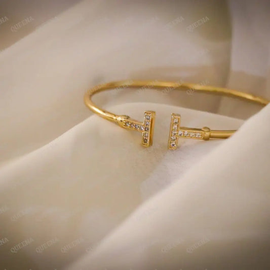 18K Gold Plated Tiffany T- Wire Bangle With Sparkling Zircon Square (Gold Or Silver) Bracelet