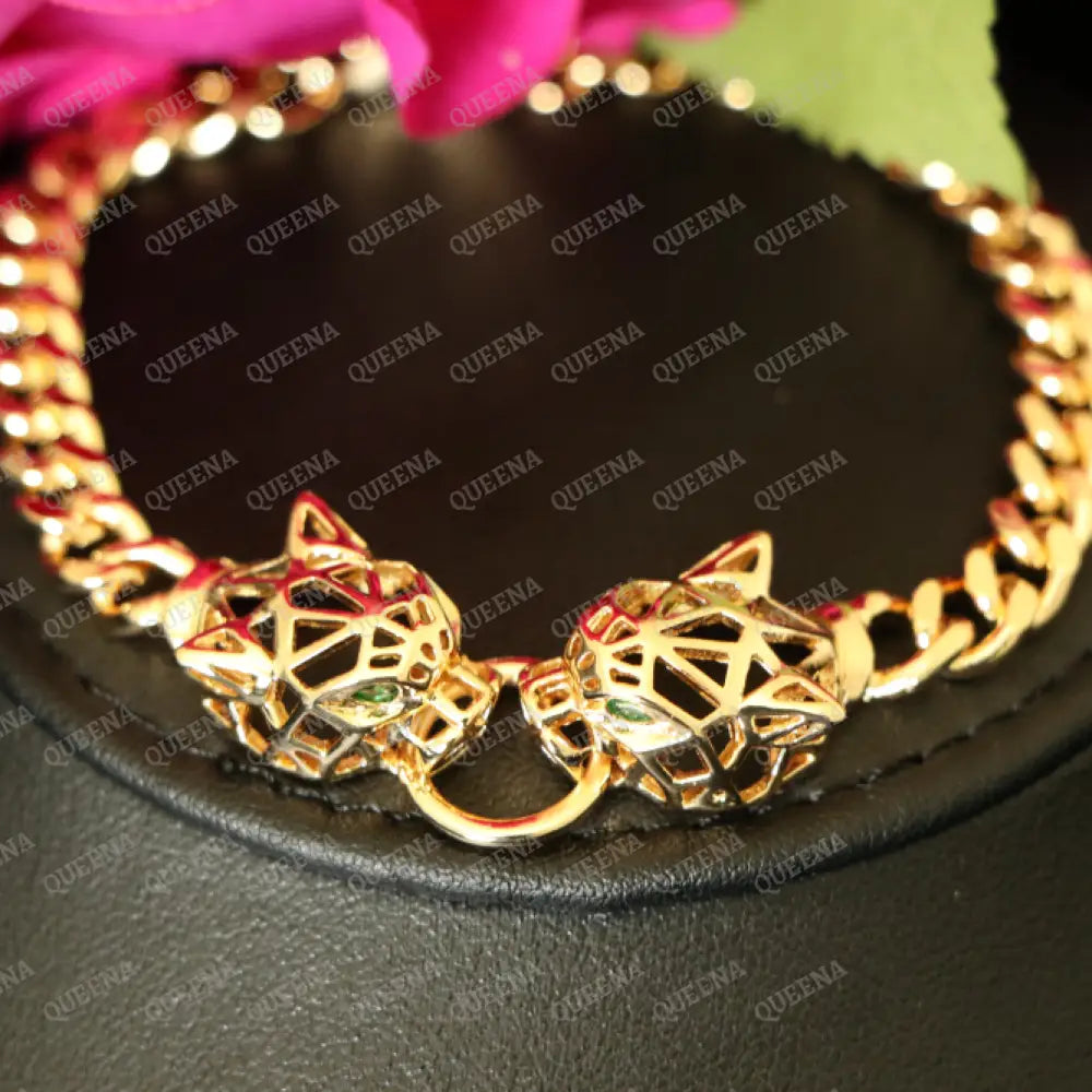 18K Gold Plated Two PANTHER Heads Golden Chain Bracelet Bracelet