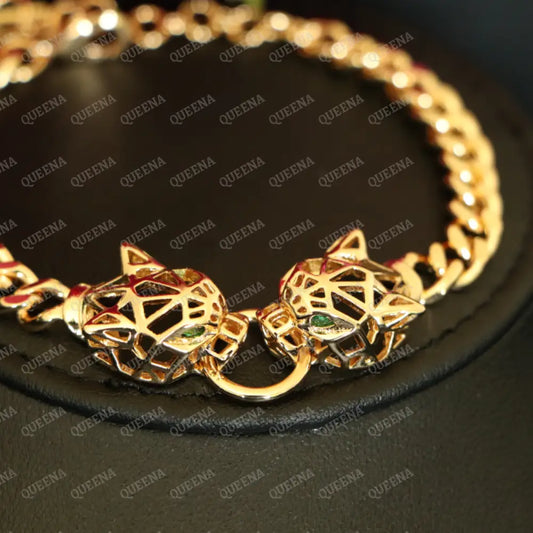 18K Gold Plated Two PANTHER Heads Golden Chain Bracelet Bracelet