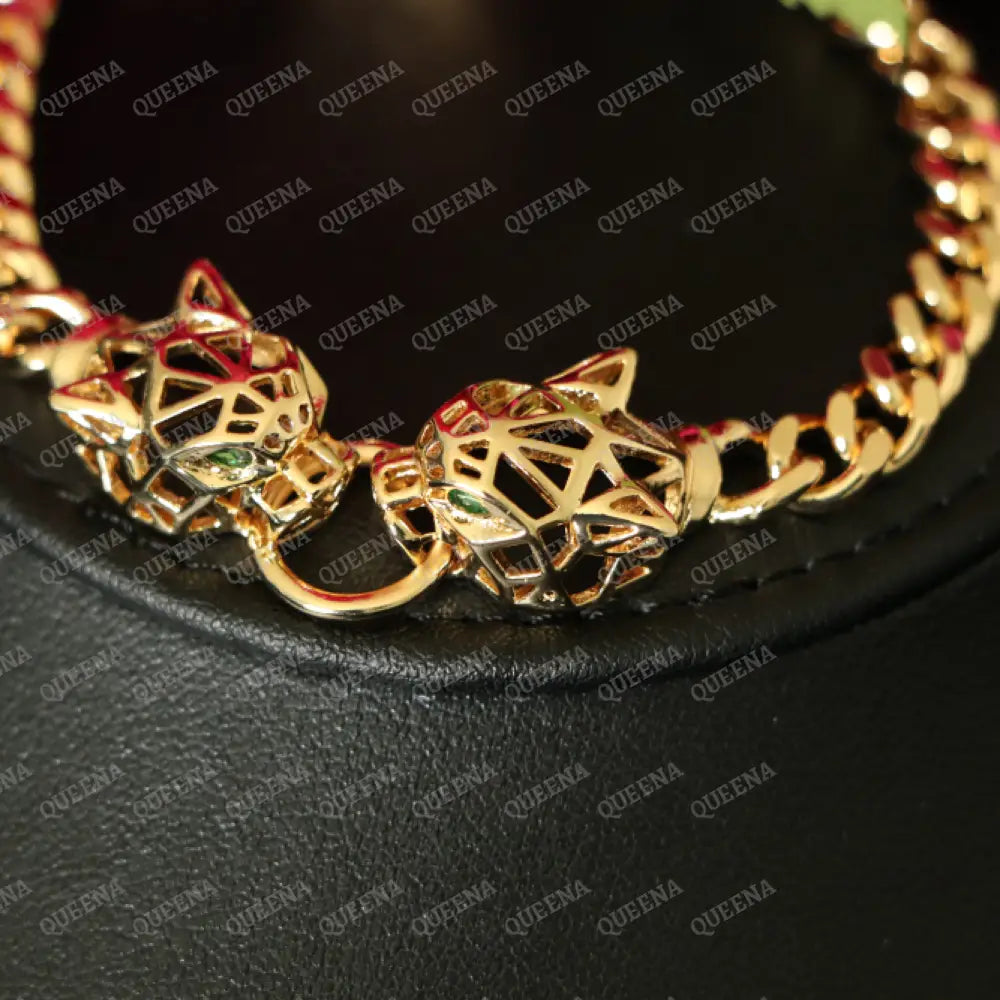 18K Gold Plated Two PANTHER Heads Golden Chain Bracelet Bracelet