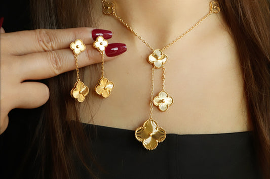 Luxury VCA JEWELRY SET - (Necklace and Earrings ) 6 YELLOW GOLD Leaf Clover Pendent - High Quality 18k Gold Plated Statement Piece