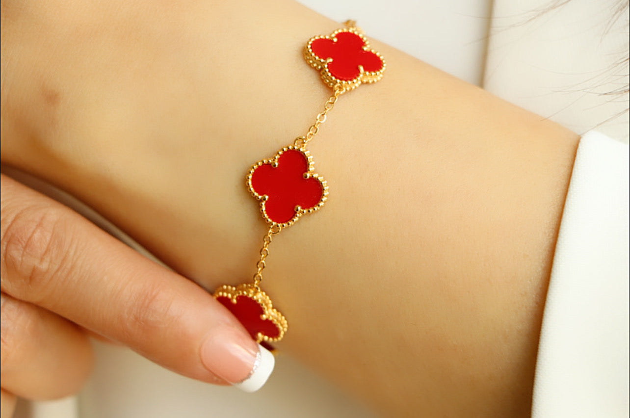 Luxury VCA Bracelet with 5 Multi RED Leaf Clover - High Quality 18k Gold Plated Statement Piece