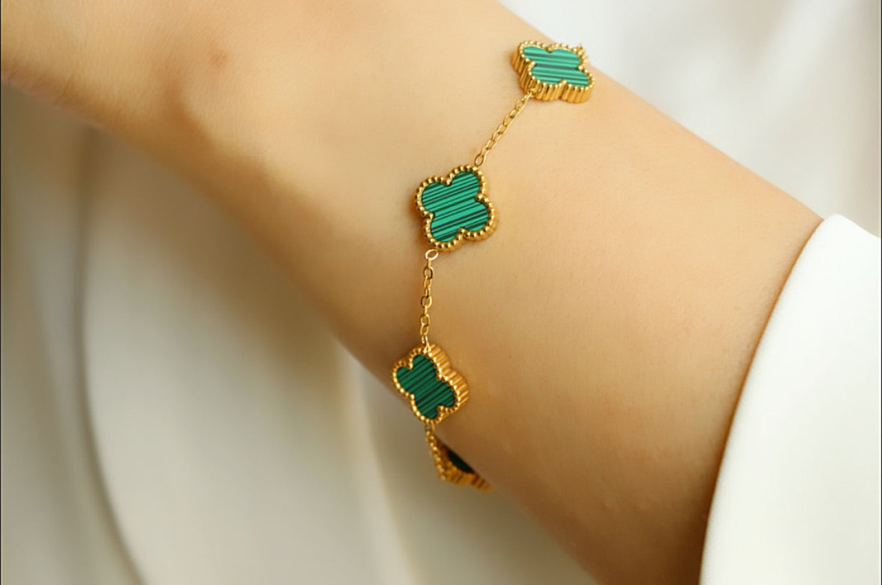 Dainty VCA Bracelet with 5 Multi GREEN Leaf Clover - High Quality Stainless Steel Statement Piece