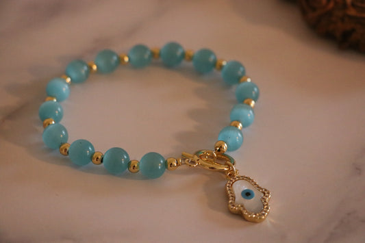 Turquoise Bluestones Beads Bracelet with Crystal Zircon Hamsa Hand Charm