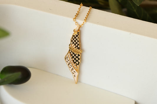 Luxury Golden Zircon Country Map with Olive Spike By Palestinian keffiyeh colors - Pendant Necklace