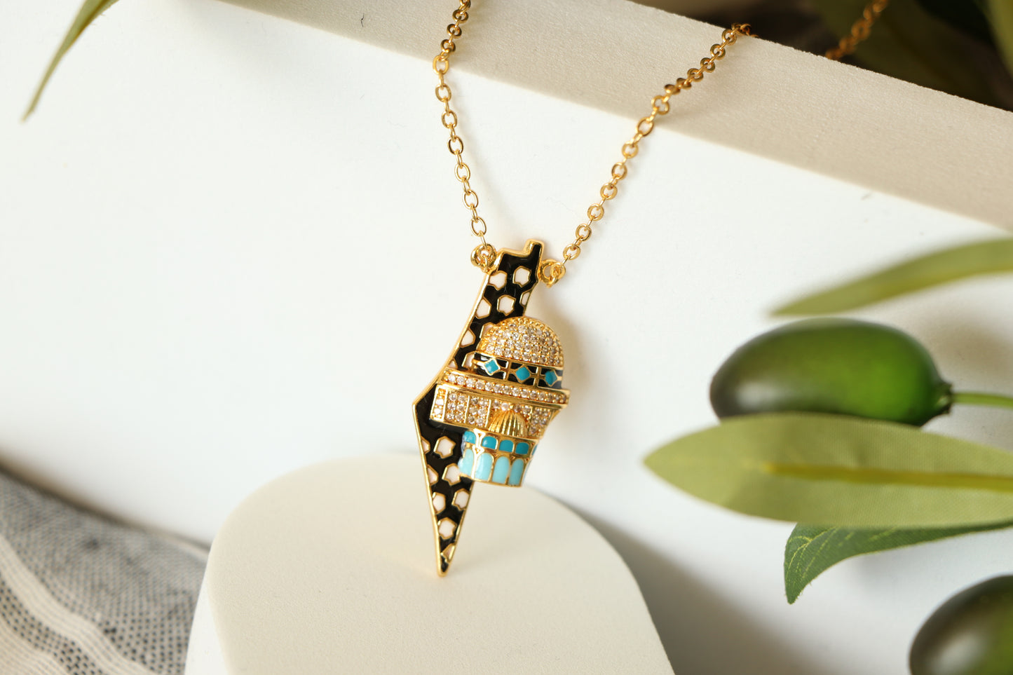 Luxury Golden Zircon Country Map and Al-Aqsa Mosque by Palestinian keffiyeh colors - Pendant Necklace