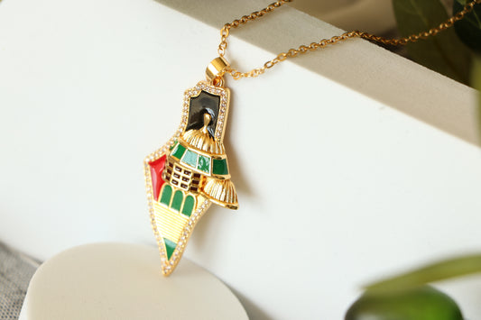 Zircon Country Map and Golden Al-Aqsa Mosque By the colors of the Palestinian flag- Pendant Necklace