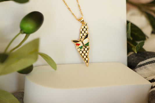 Luxury Golden Country Map by Palestinian Keffiyeh Colors and Sweet Peace Butterfly in the Colors of the Palestinian flag- Pendant Necklace