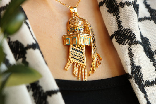 Luxury Golden Zircon Necklace Al-Aqsa Mosque With Palestinian Keffiyeh Scarf - Pendant Necklace