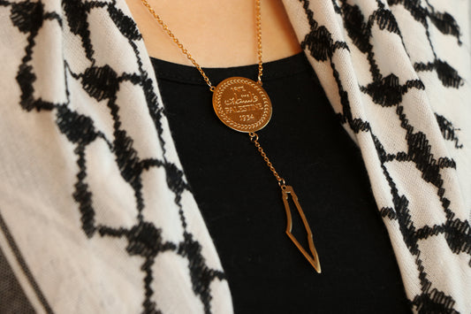 Golden Shiny Rosary Necklace of Palestinian coin with a Palestine map frame