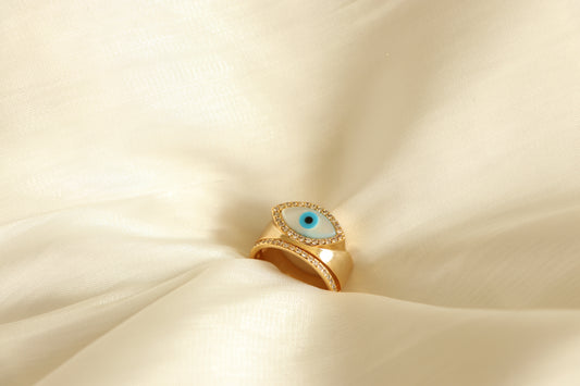 Lucky Turkish Evil Eye Golden Crystal and Zircon Ring