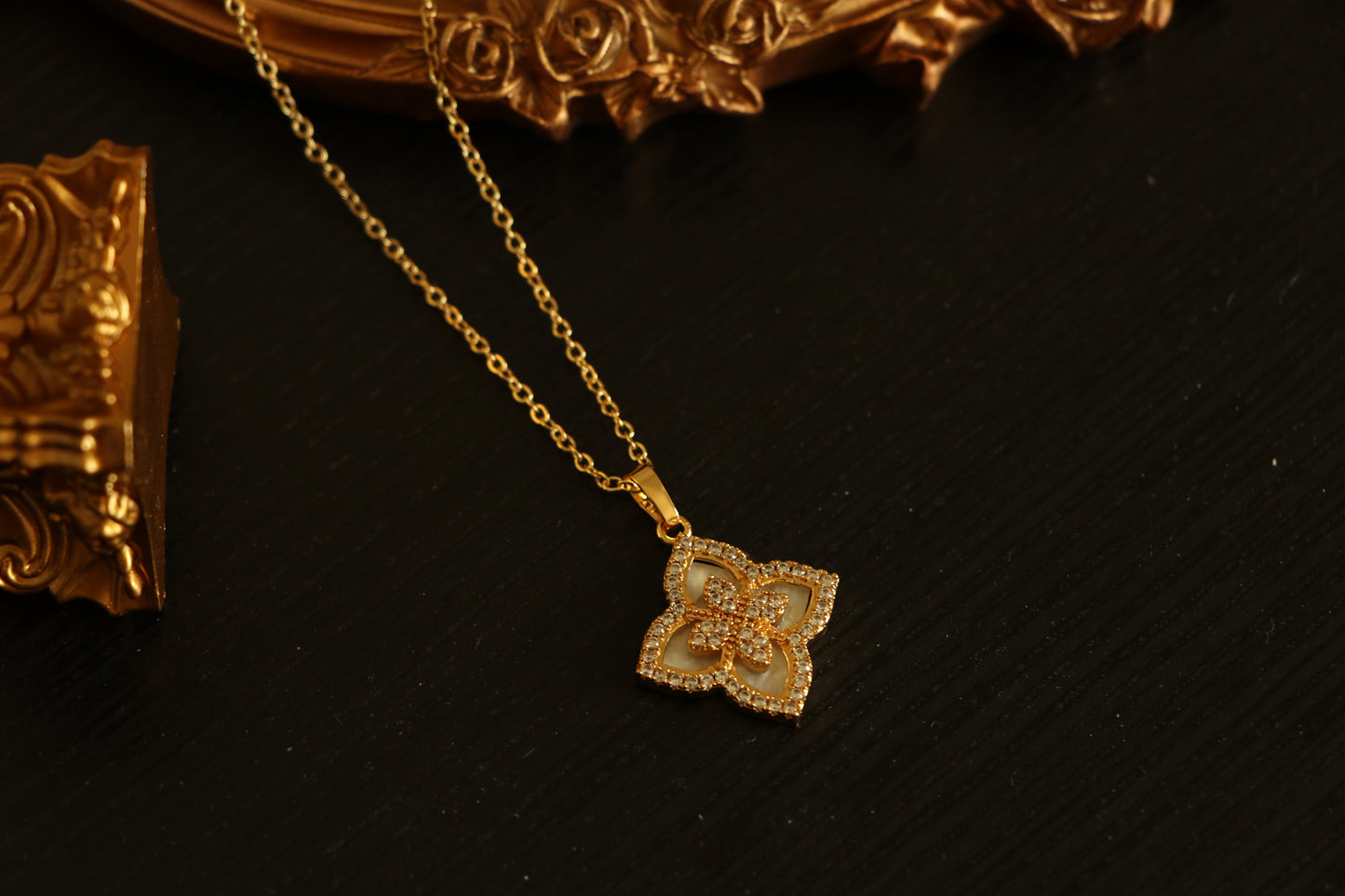 18k Gold Plated Princess Flower Gold Zircon & White Pendent Necklace