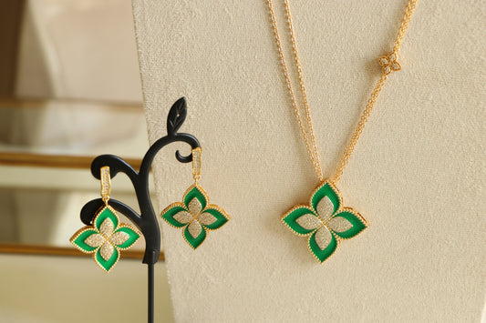 Luxury HALF SET -18k Gold Plated Princess Flower pendant by Golden Zircon & Green ( Long Pendant chain Necklace + Earrings)