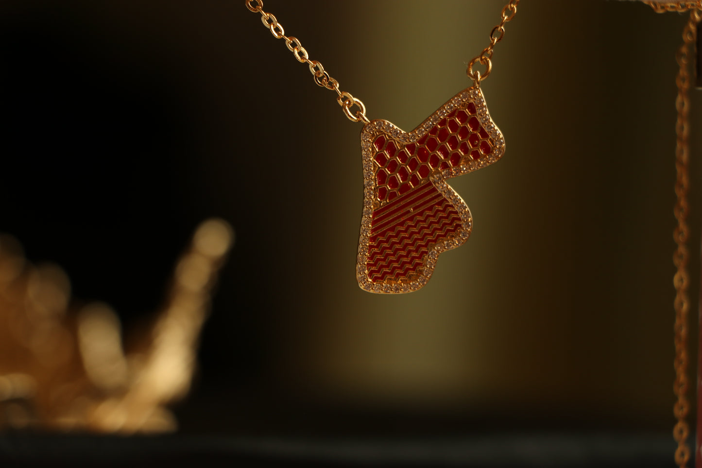 Luxury Golden Red Zircon JORDAN Country Map Gold & Red Colors - Pendant Necklace