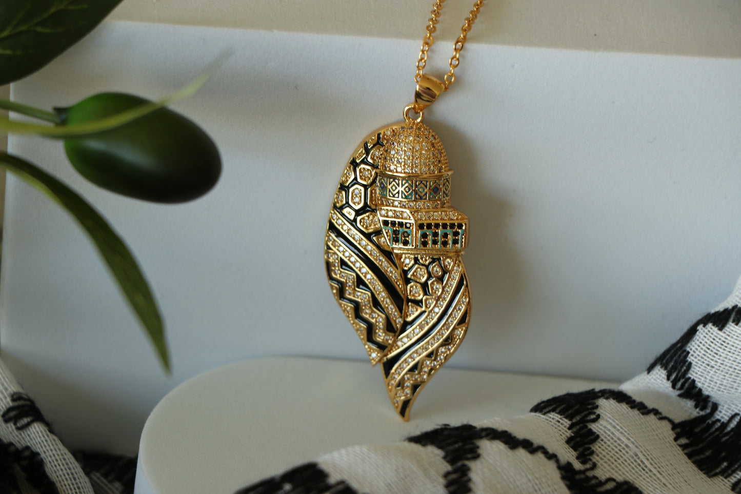 Luxury Golden Zircon Al-Quds Necklace -Pendant of the Al-Aqsa Mosque With Palestinian Keffiyeh Scarf -Necklace